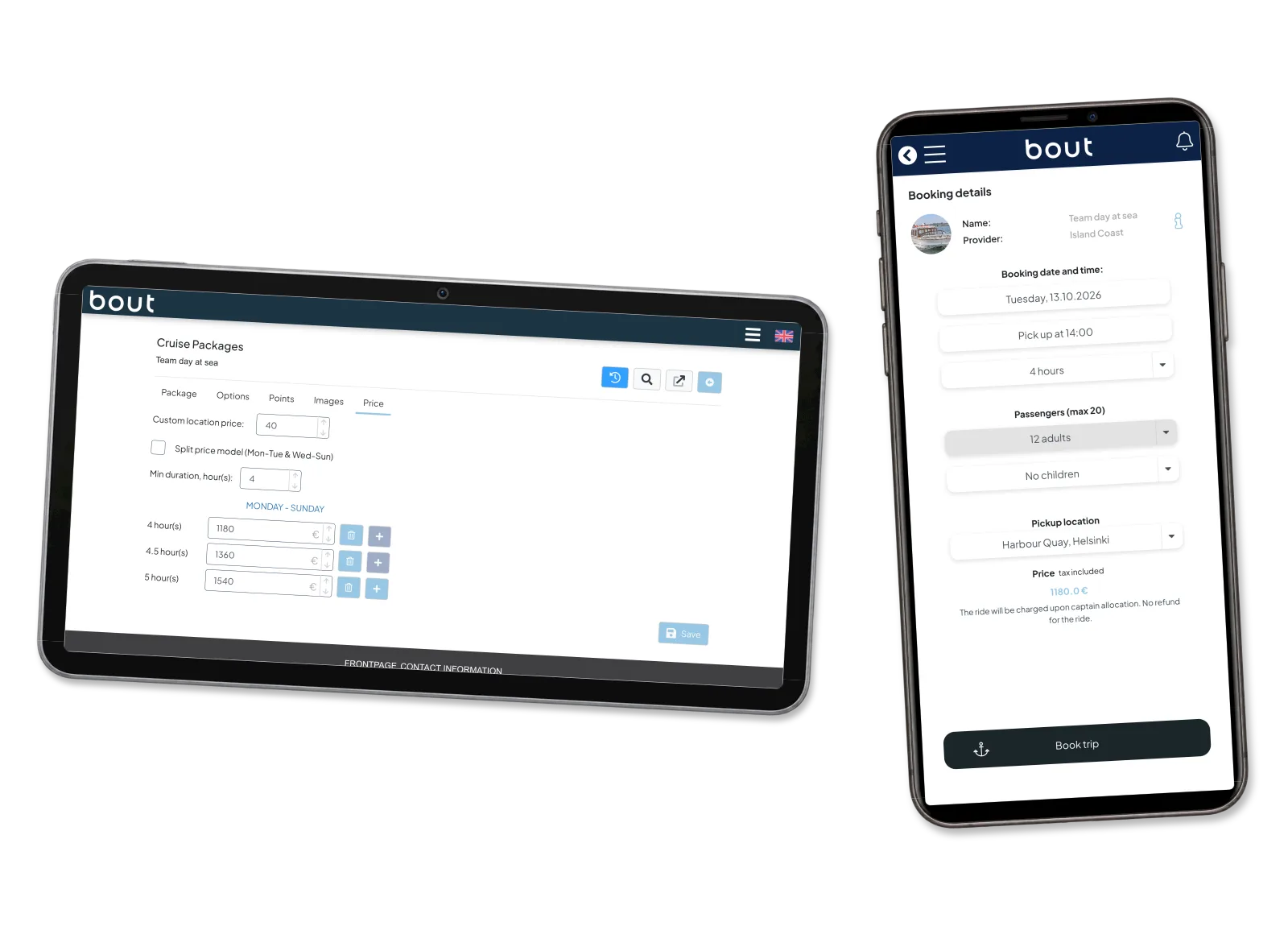 Provider duration and price settings beside a four-hour team booking form.