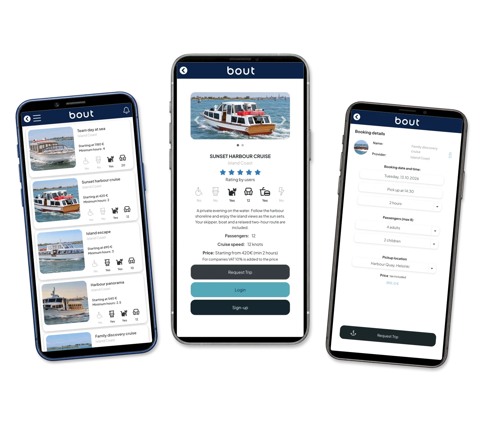Cruise catalogue, sunset cruise details and a separate family booking form.