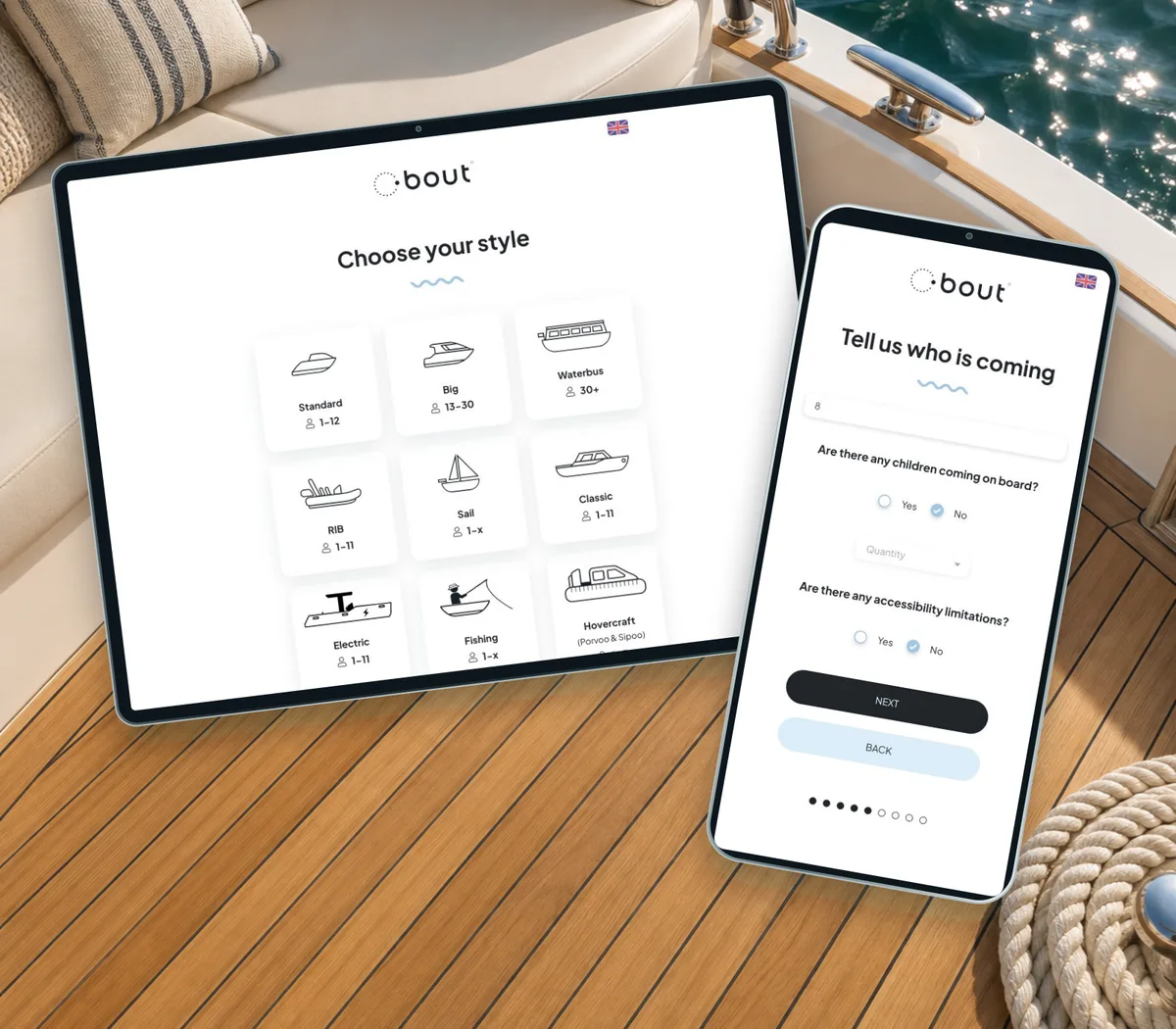 Boat categories and passenger details in Bout Cruise on an illustrative charter deck.