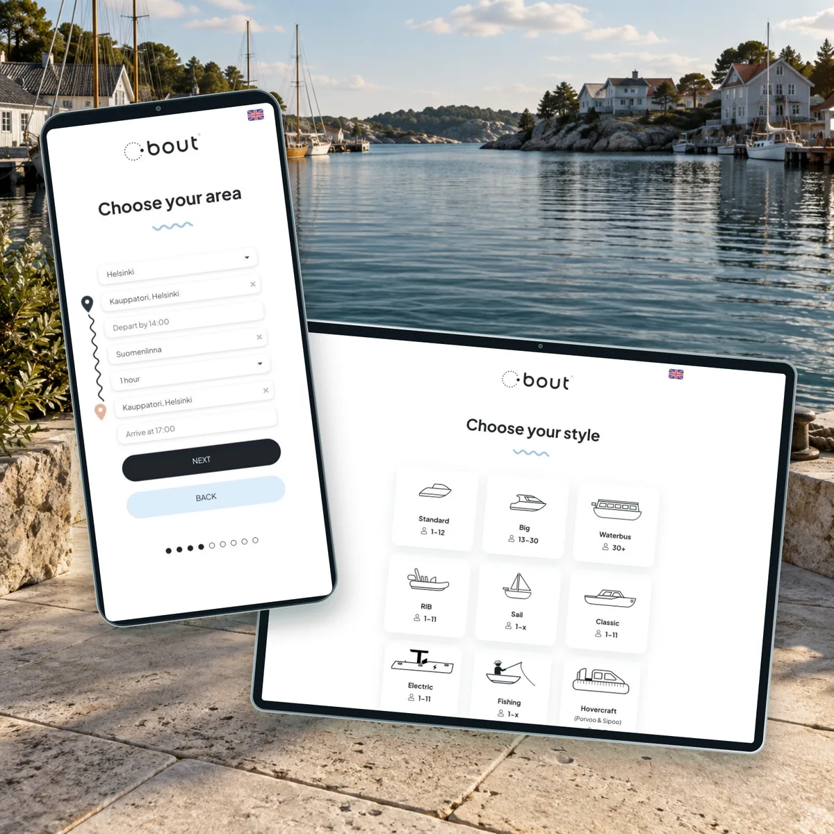 Bout Cruise route and boat selection beside an illustrative Nordic harbour.