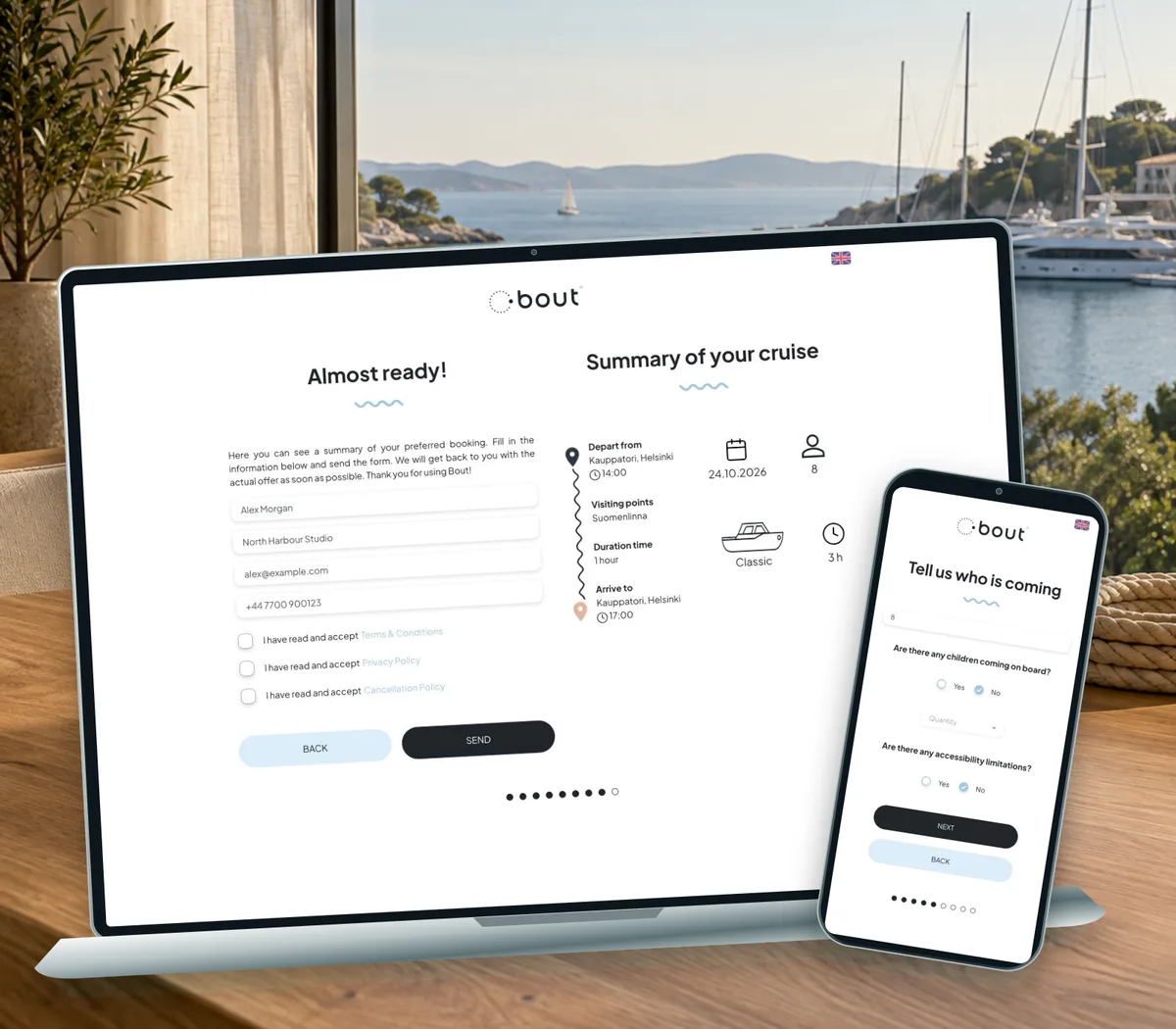 Bout Cruise request summary and group details in an illustrative harbour office; contact details are fictional.