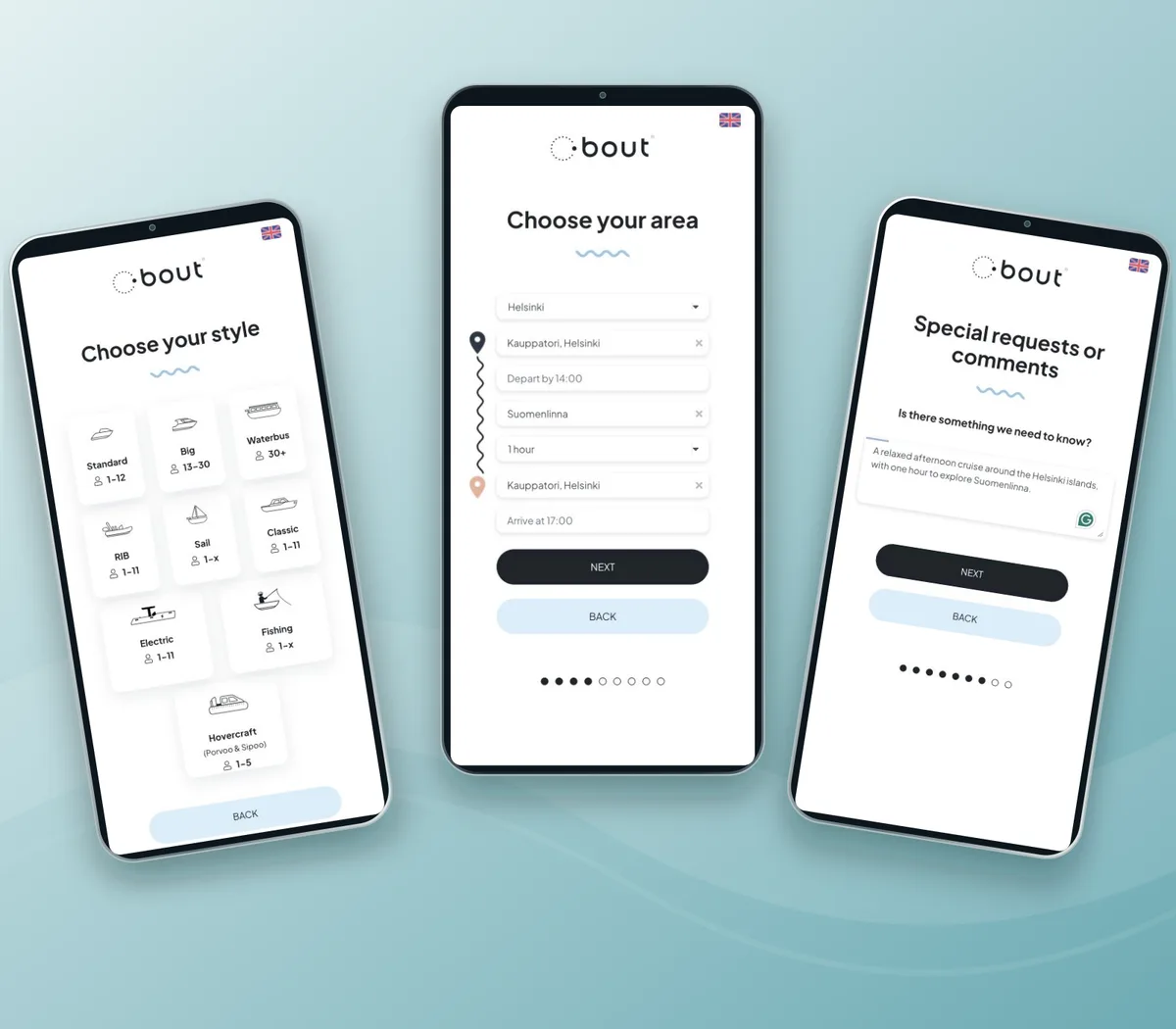 Complementary Bout Cruise boat-selection, itinerary and special-request screens.