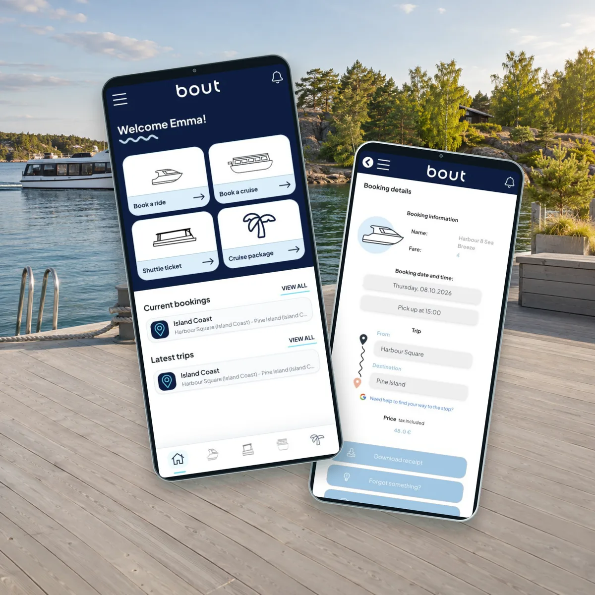 Real Bout passenger home and completed-trip screens in an illustrative Nordic harbour.