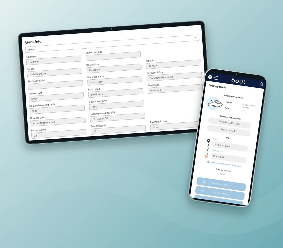 Real operator booking fields and passenger trip details with fictional boat, route and fare.