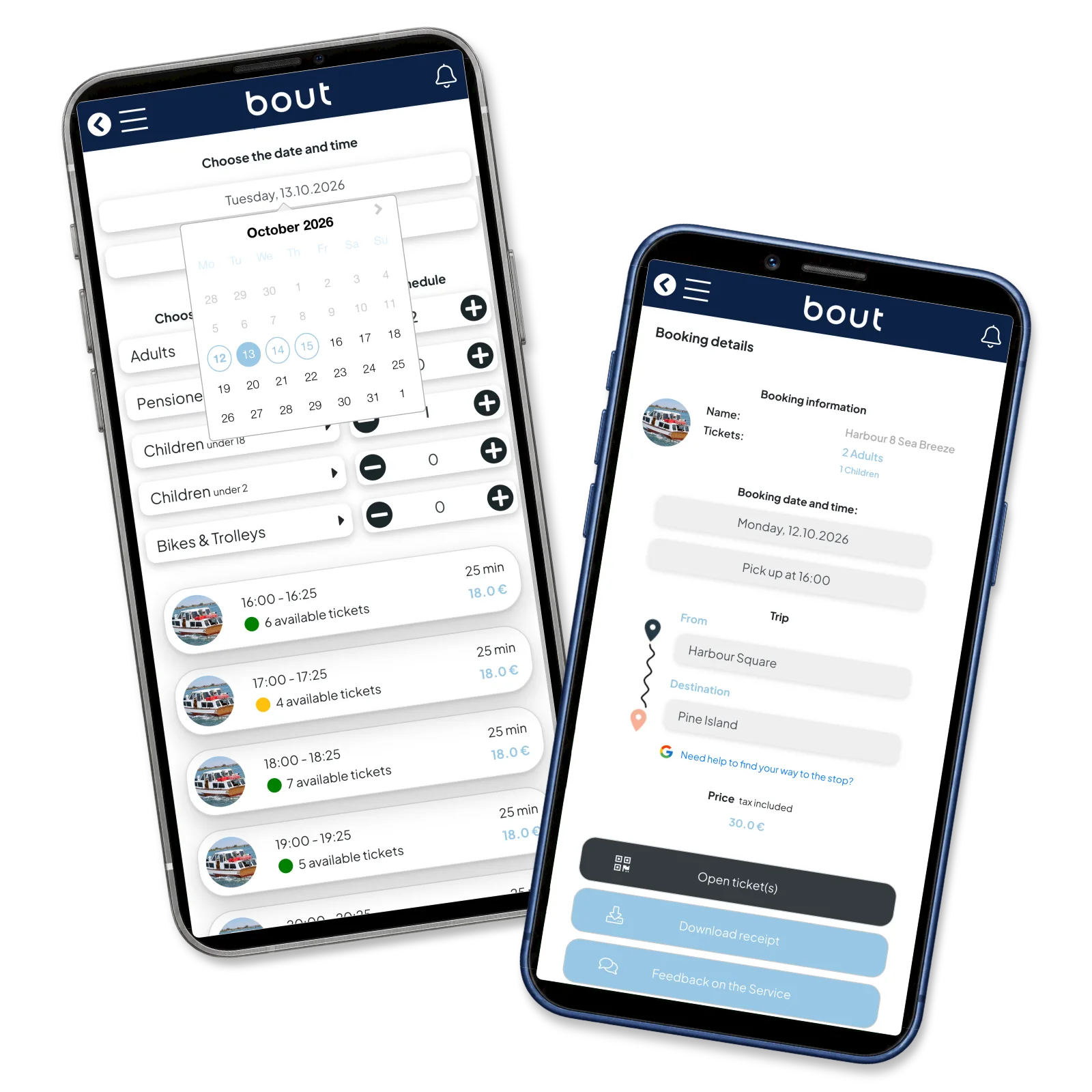 October date picker beside booking details with route, passengers and ticket actions; separate example bookings.