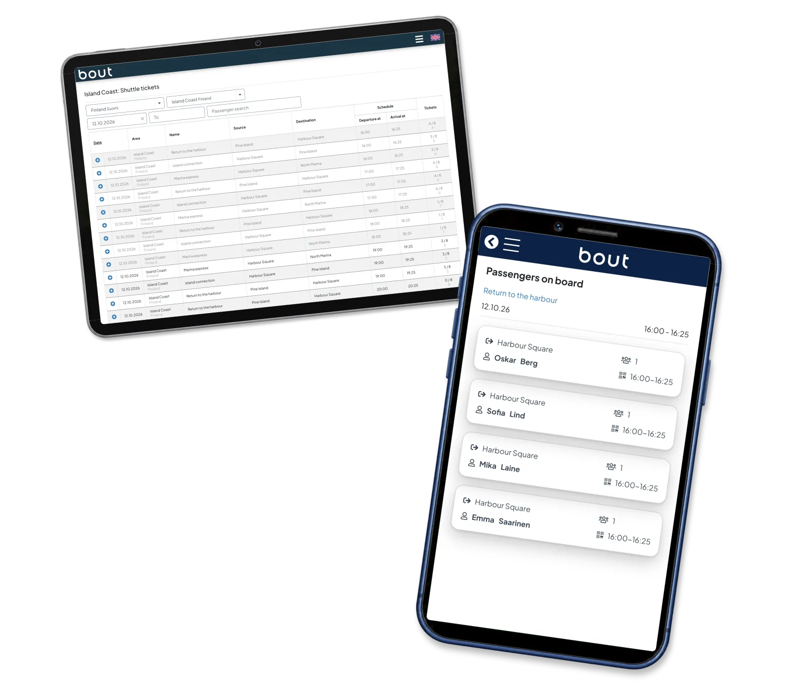 A tablet shows operator schedules and ticket counts; a phone shows four passengers on a return departure.
