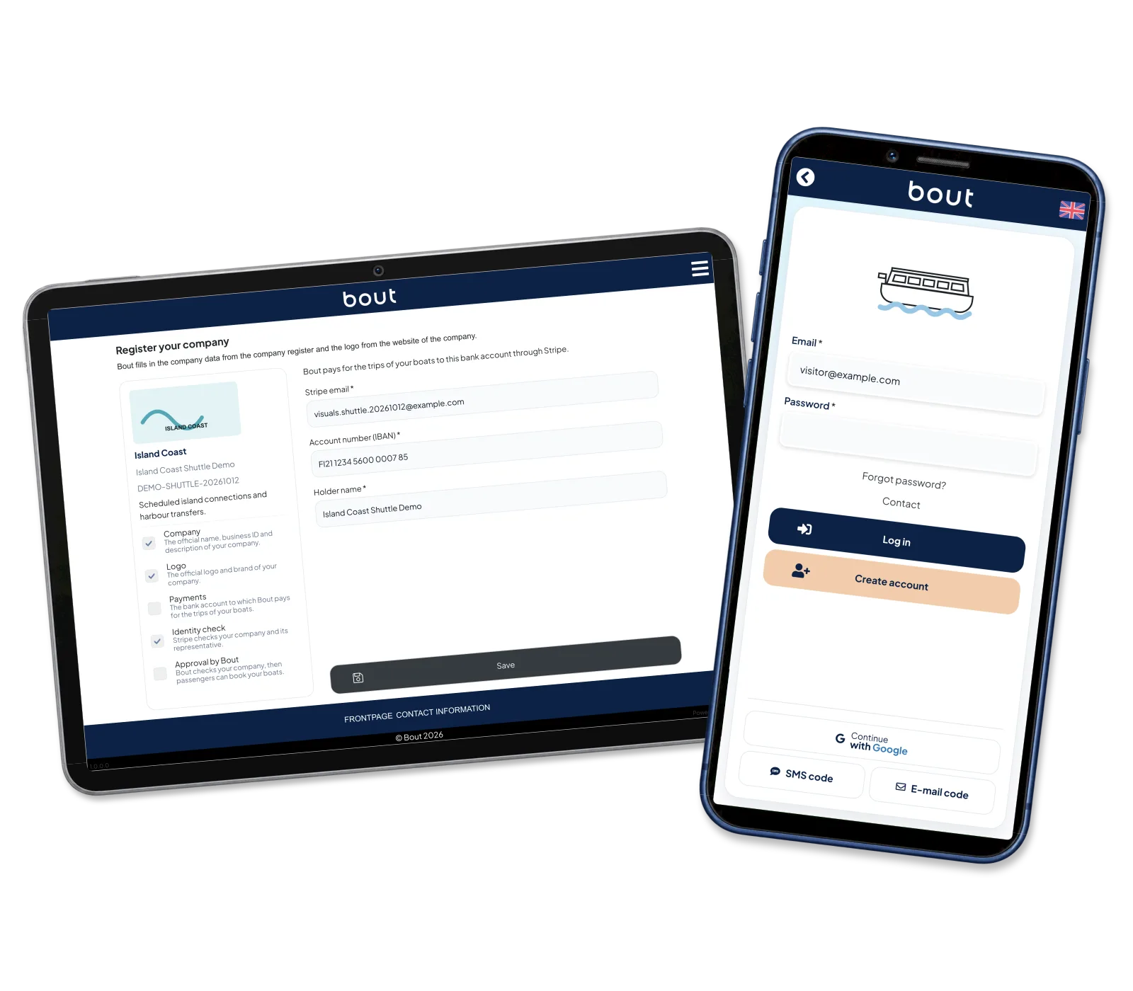 Desktop provider onboarding with company checklist and an illustrative payment details form, beside normal Bout login with Google, SMS and email options. Setup is unfinished; no payment details were submitted.