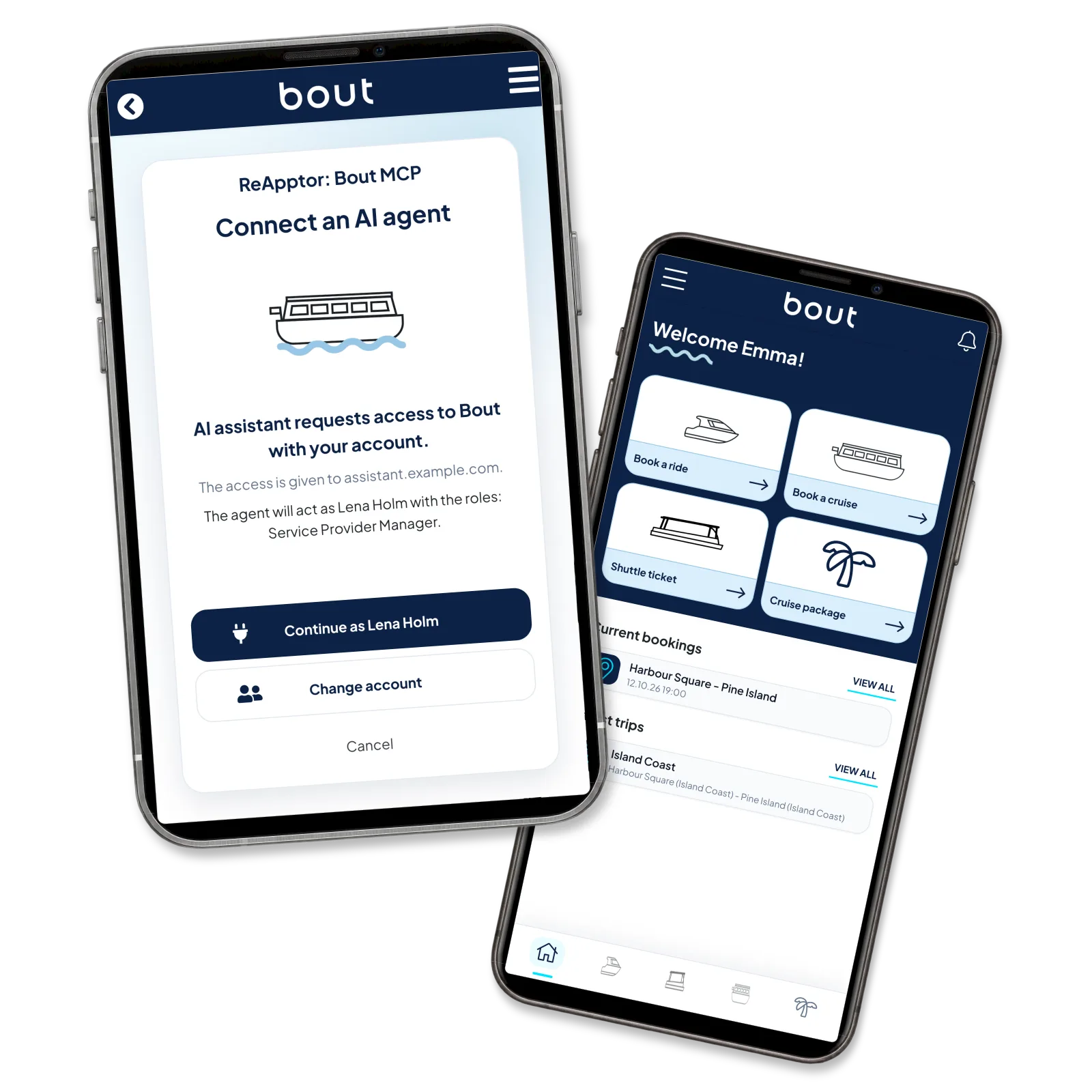 Bout MCP authorization shows the account, role and requesting service beside the passenger home. Access has not been granted.