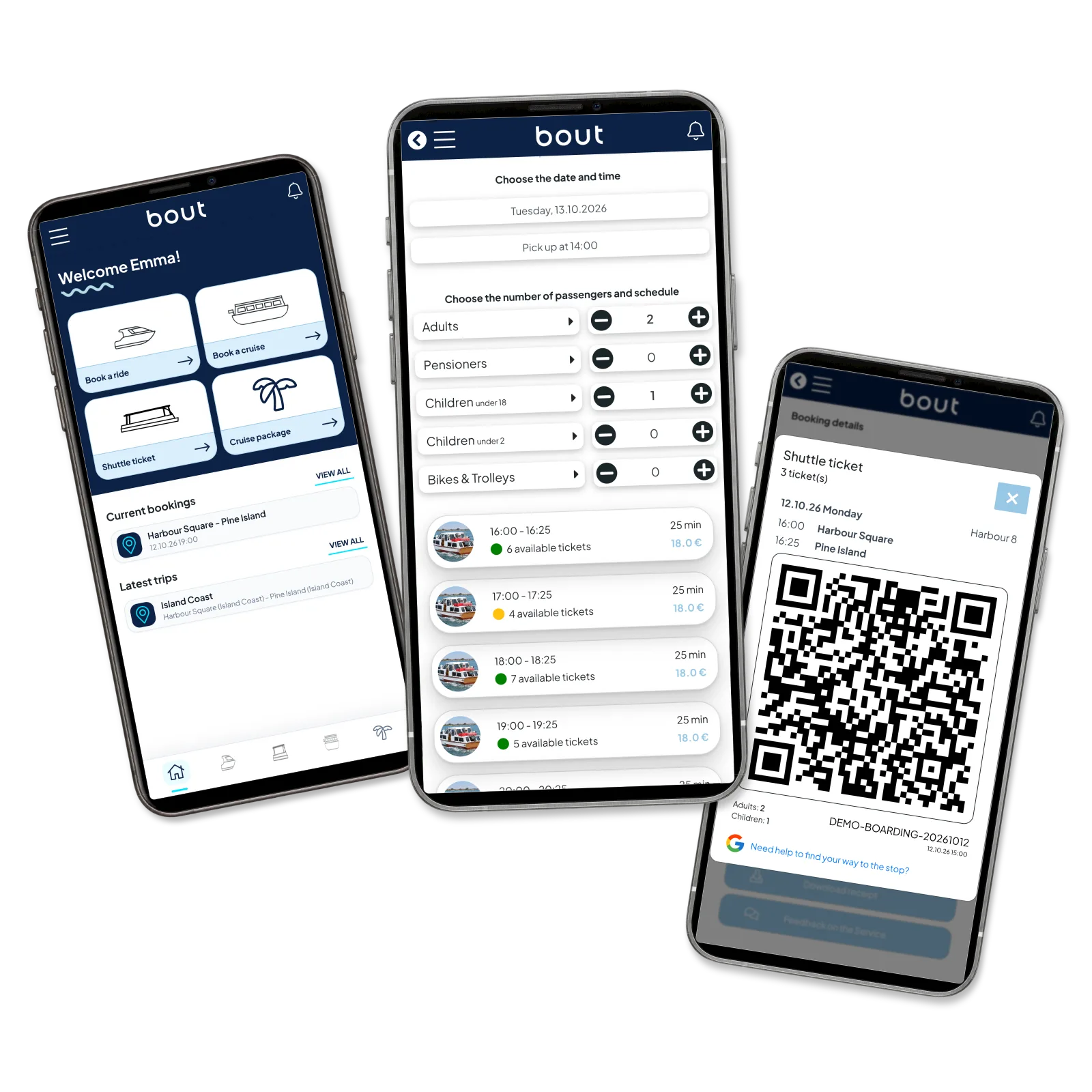 Bout passenger home, departure selection and a family QR ticket on three phones.