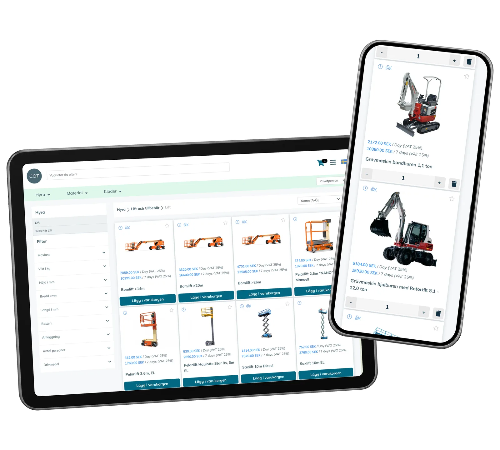 COT Sverige Portal prototype: Bring the chosen equipment into the order. Real interface with fictional demonstration records.