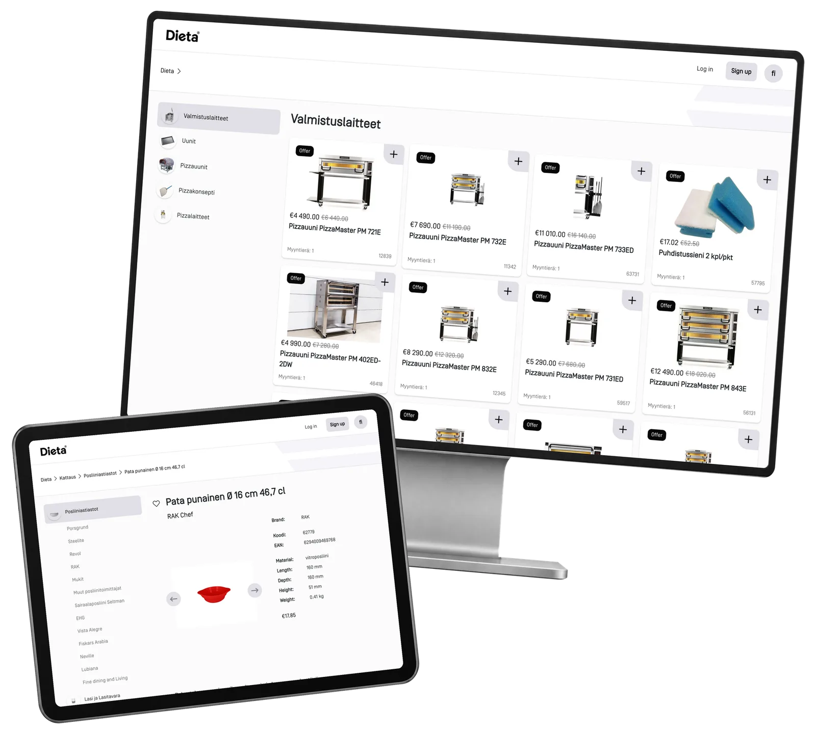 Dieta Shop prototype: Explore equipment for your pizza concept. Actual catalogue interface with historical example prices.