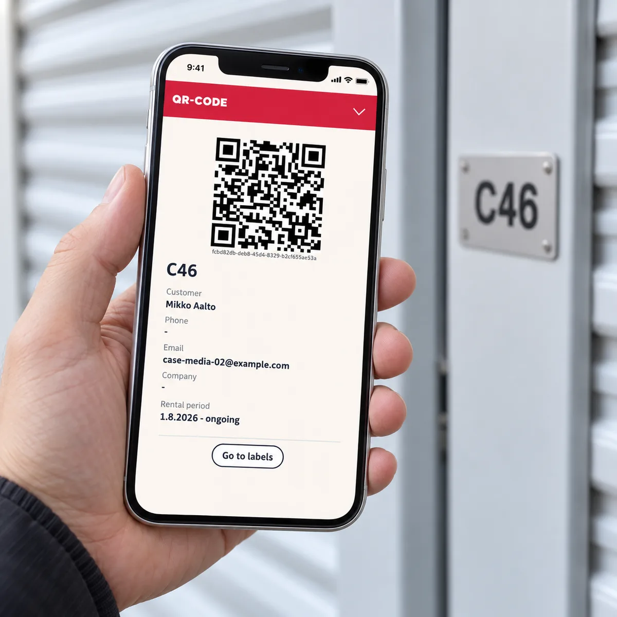 A phone displaying a demo rental QR label beside an illustrative storage-unit door.