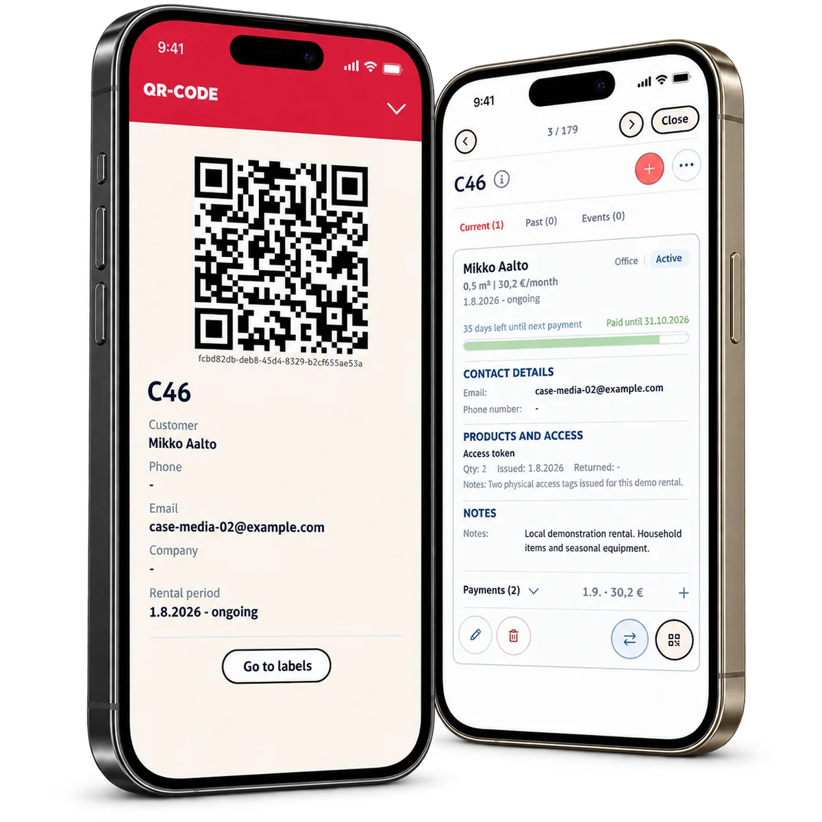 A local demo rental QR label and its mobile rental details on two phones.