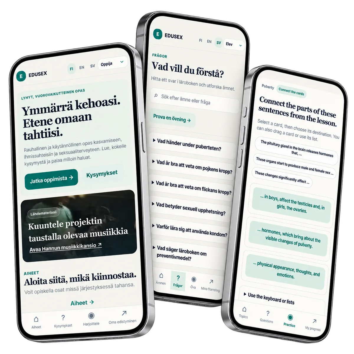 Finnish home, Swedish questions and English matching cards on three phones.