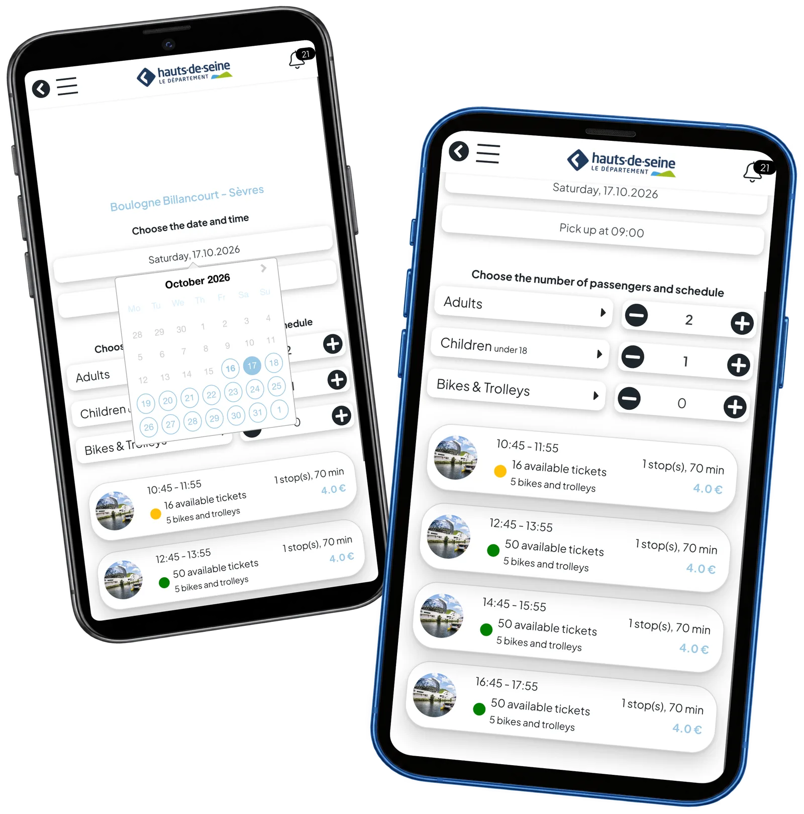 Two phones showing HDS departure choices and a travel calendar with family ticket controls.