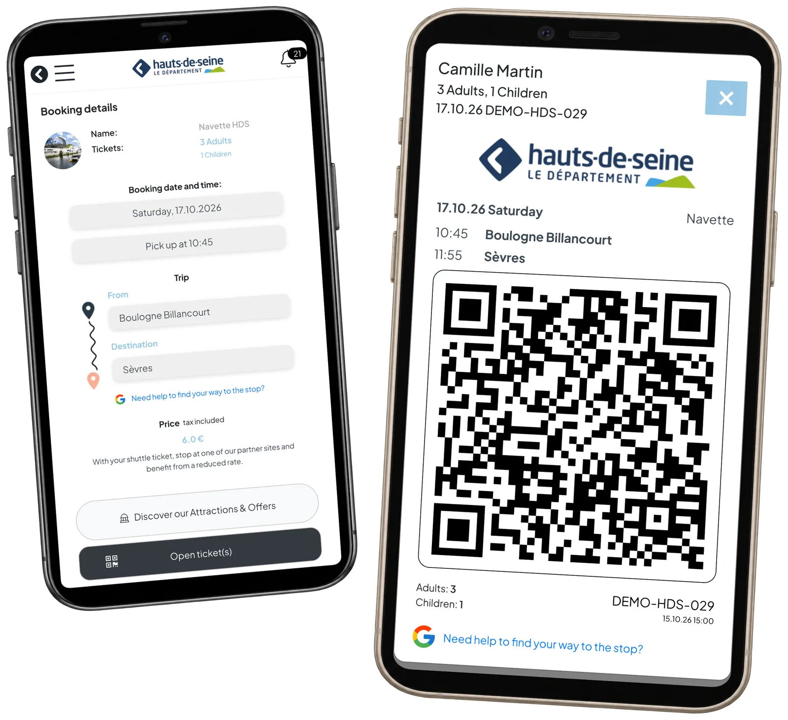 HDS booking for three adults and one child beside its matching demo QR ticket on two phones.