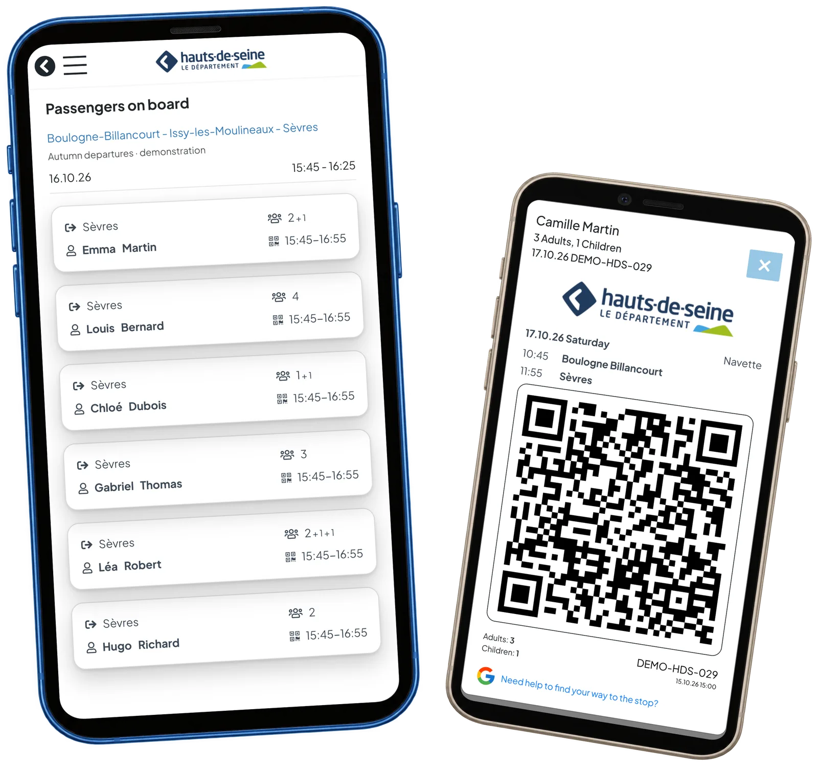 HDS crew passenger list and a QR ticket on different phones, showing separate demo journeys.