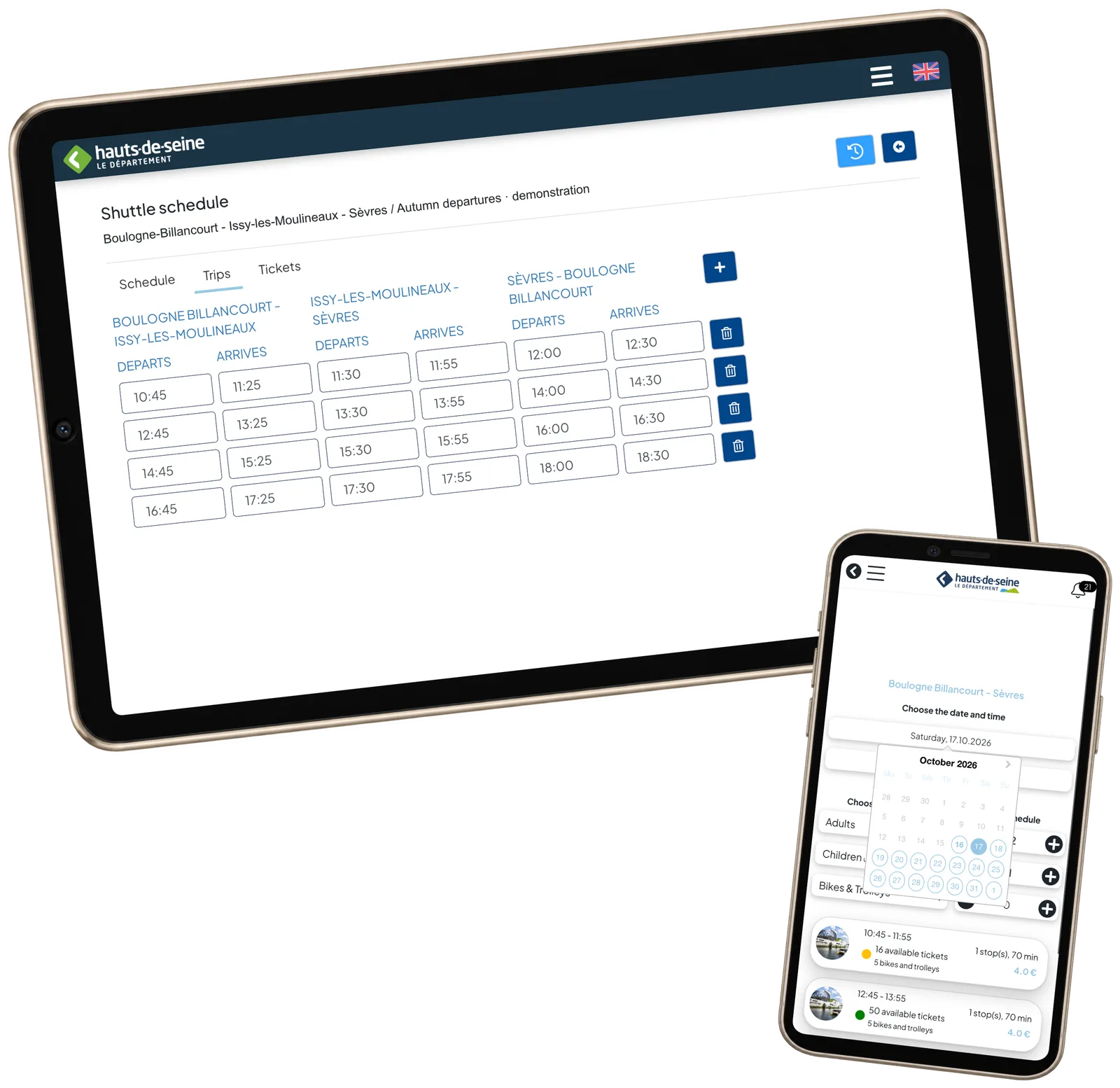 HDS route timetable on a landscape tablet and passenger calendar on a phone.