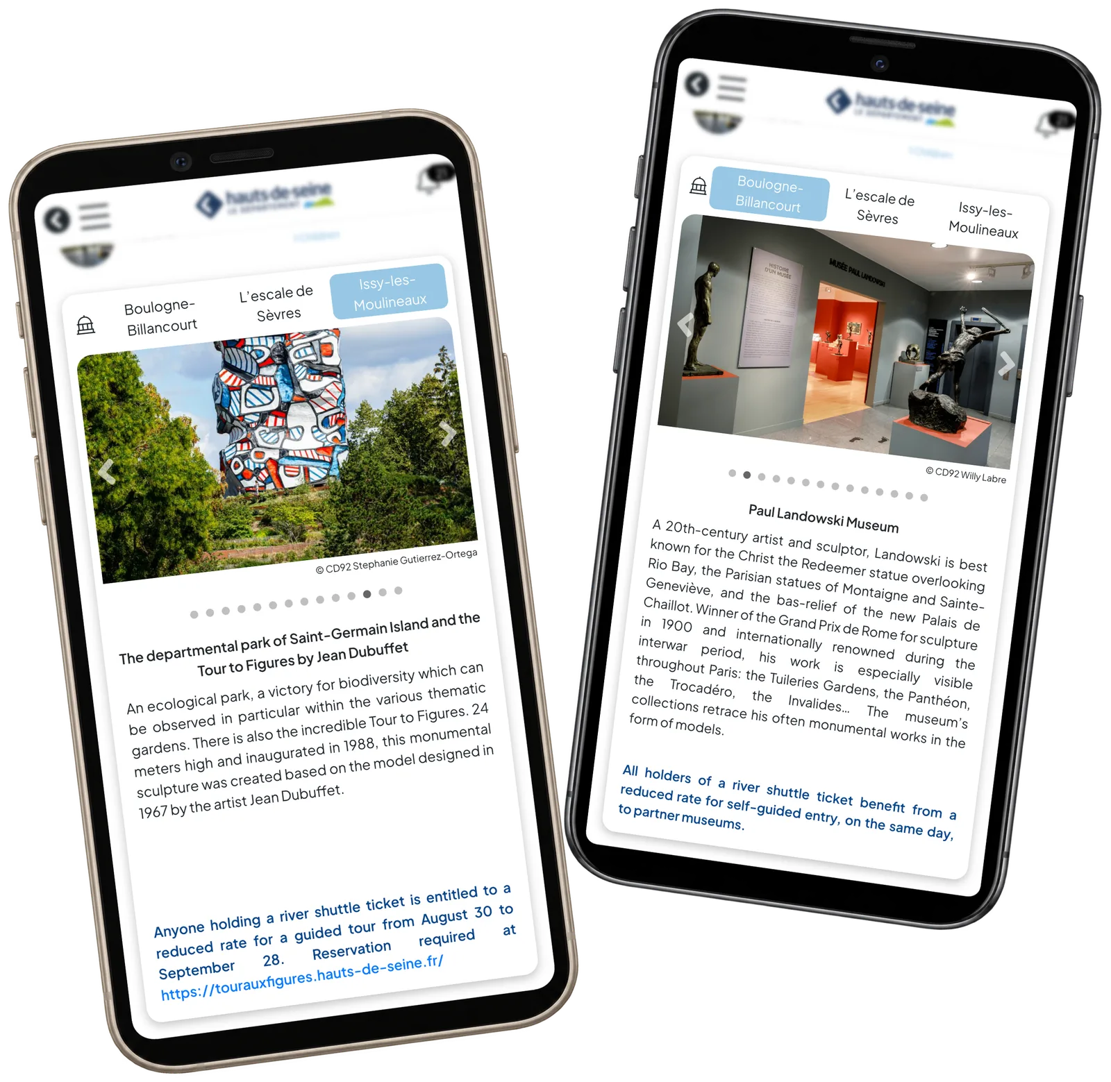 HDS attraction screens with Paul Landowski Museum and Tour aux Figures photographs on two phones.