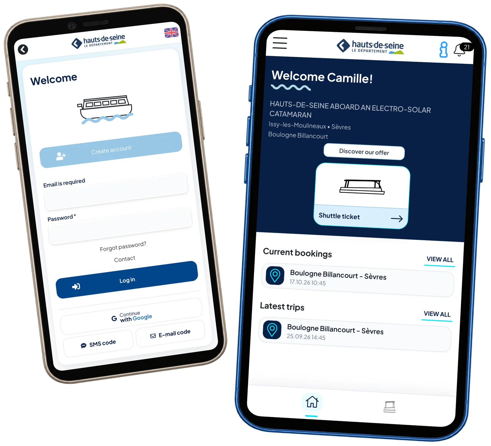 Current HDS-branded sign-in and passenger home on two phones, using demo data.