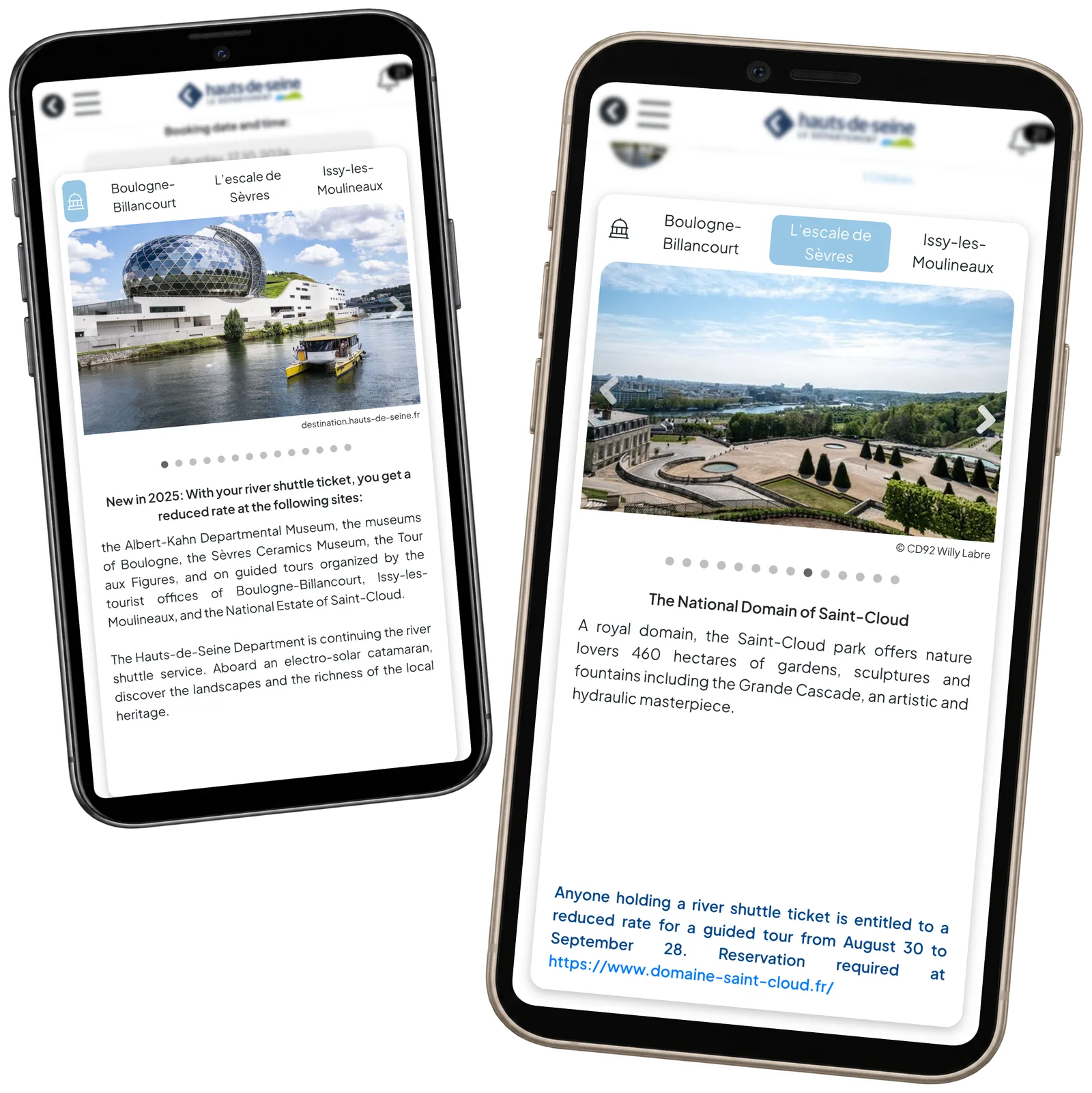 HDS Saint-Cloud garden information and catamaran heritage view on two mobile devices with original photo credits.