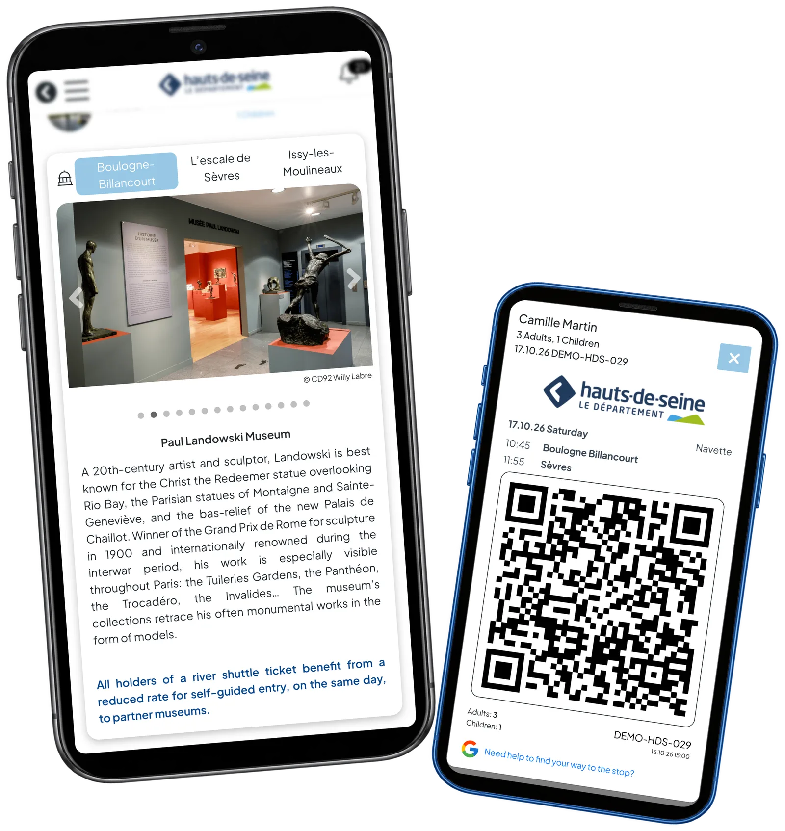 HDS Paul Landowski Museum information and a family QR demo ticket on two mobile devices, with the photograph credit retained.