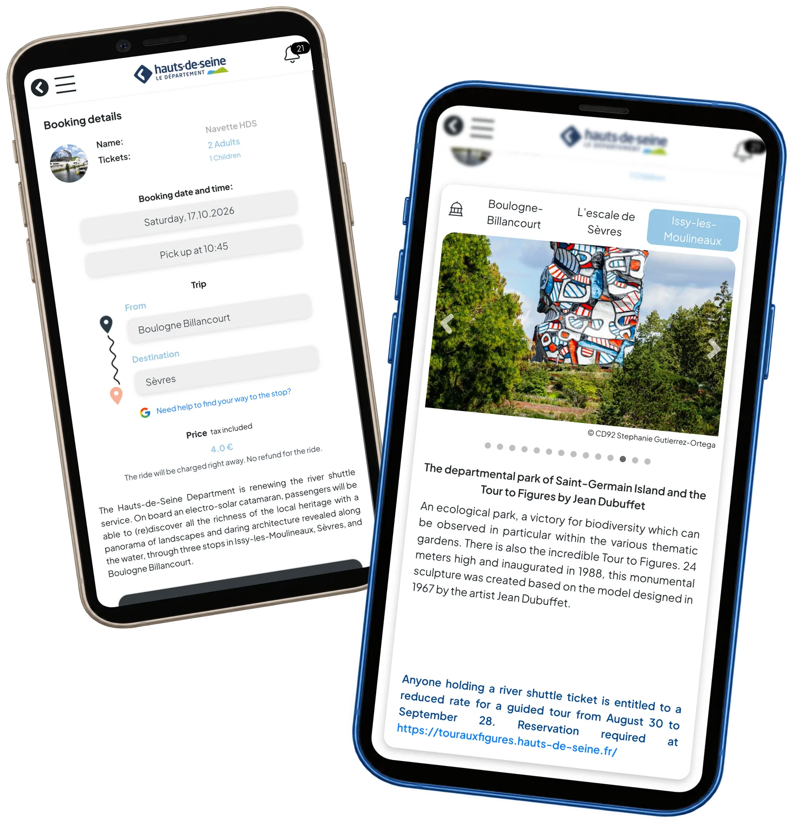 HDS local attraction and family booking review on two phones with fictional demonstration data.