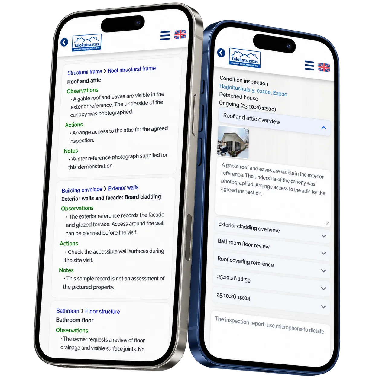 Katsastus Tarkka prototype: Bring site notes into a report the inspector can review. Device collage with fictional local records.