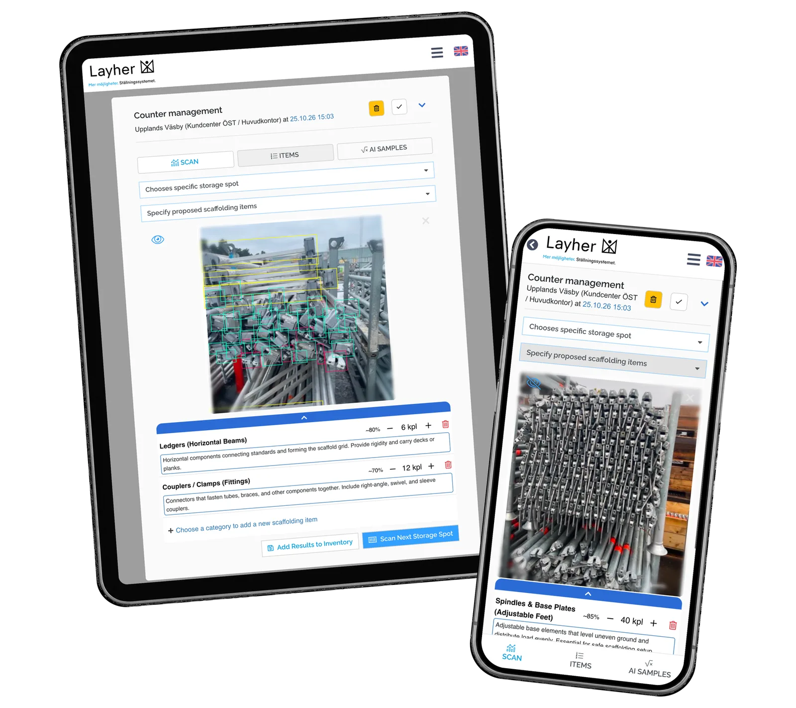 Layher inventory prototype on a portrait tablet and phone, showing two different scaffolding photographs with demonstration records.