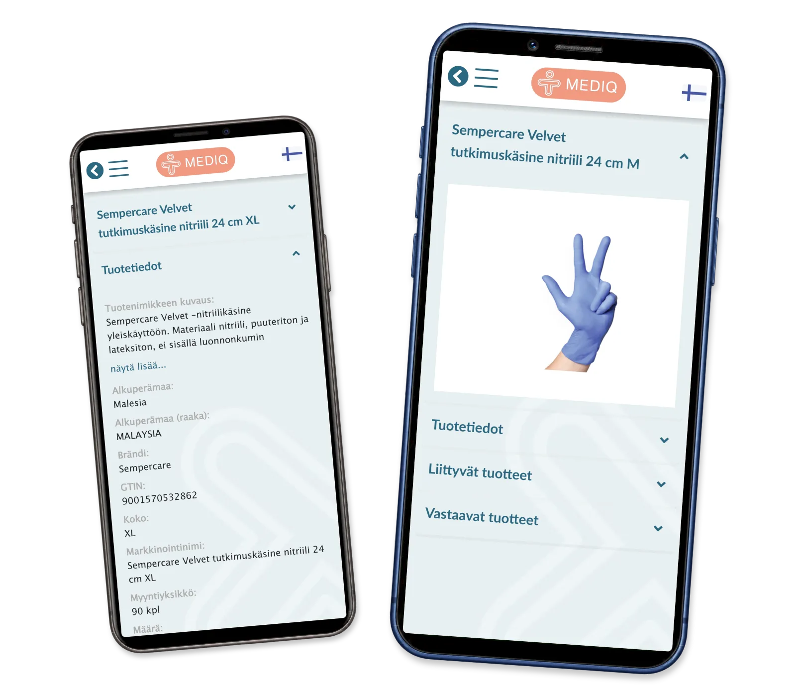 A glove product photo beside another size’s material, packaging and product specifications.