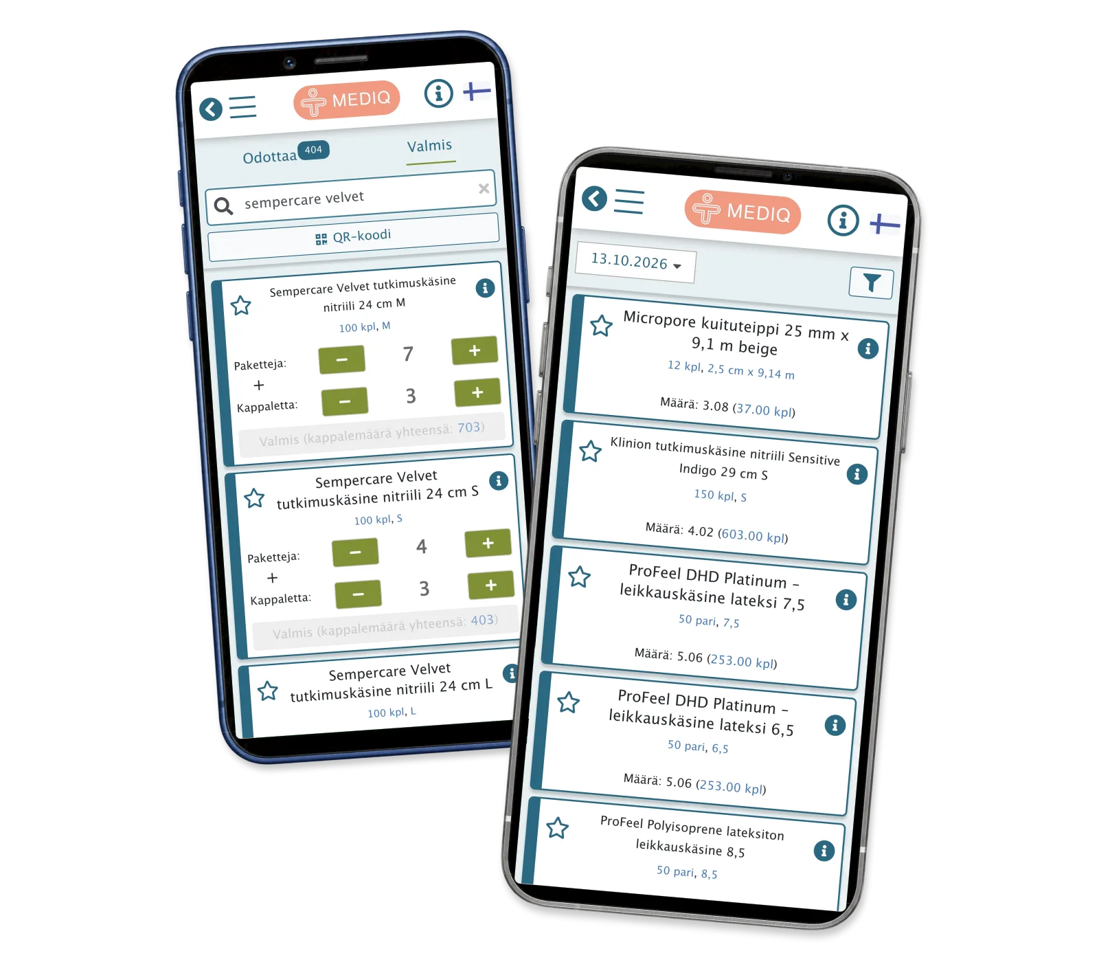 Mobile glove inventory search beside the stock overview with recorded quantities.