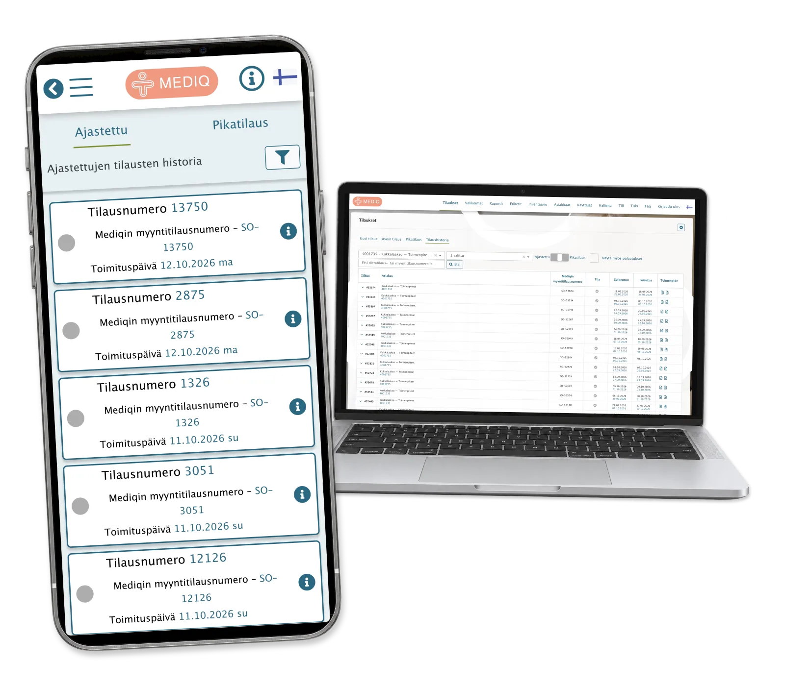 Mobile delivered-order history beside the desktop order list with references and delivery dates.