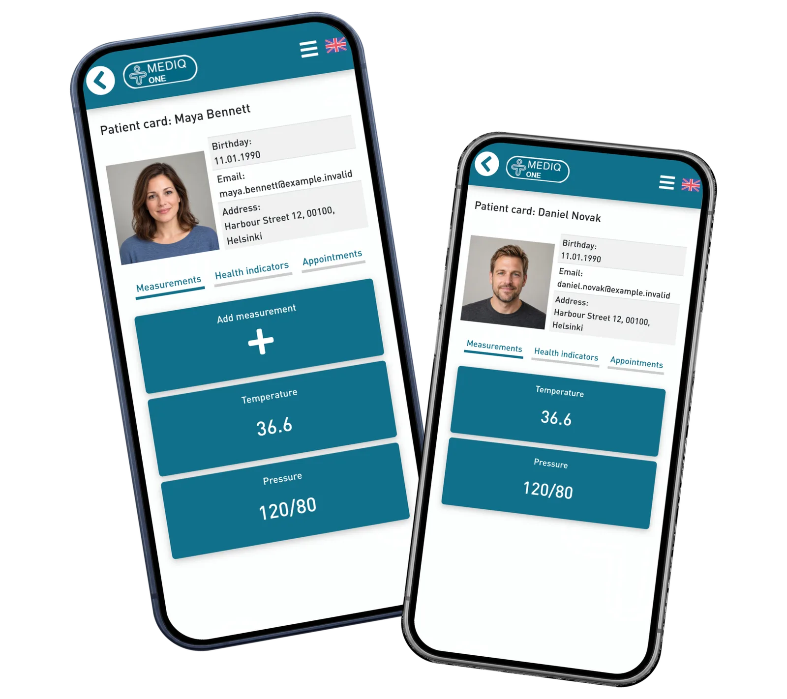Professional patient card and a different patient’s personal view on two phones.