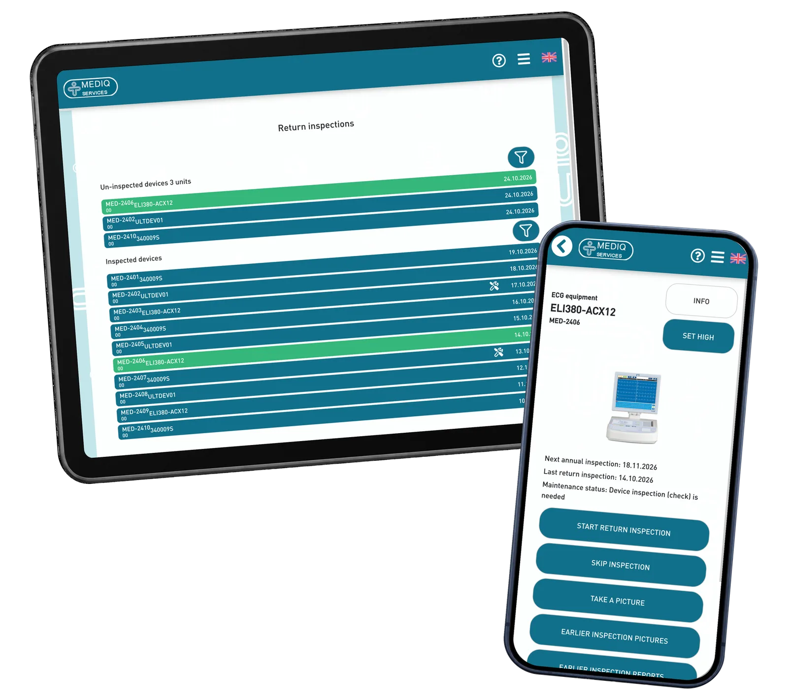Mediq Services prototype: See which returned devices are waiting for inspection. Fictional demonstration data.