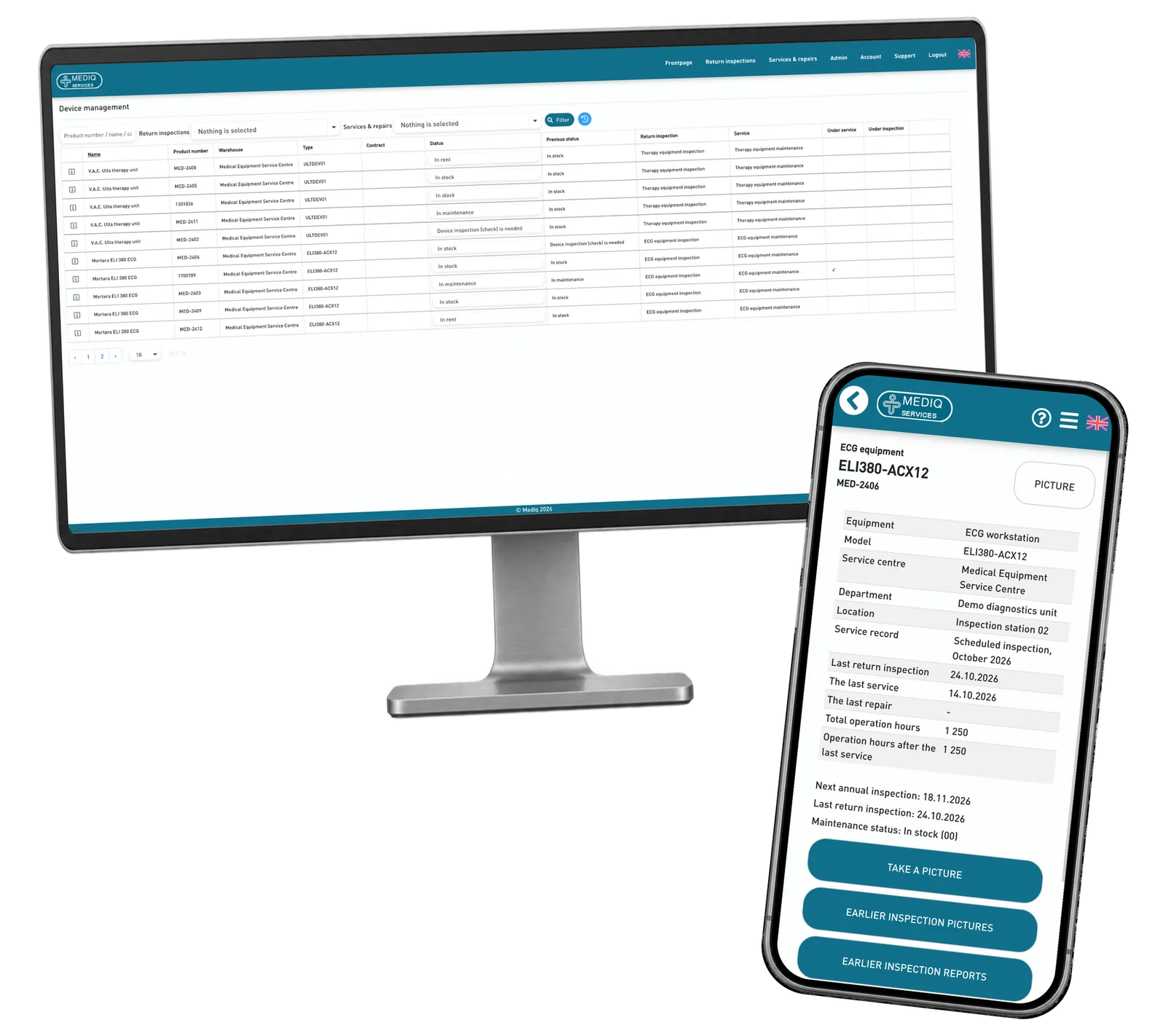 Mediq Services prototype: Keep the equipment overview and the details of one device connected. Fictional demonstration data.