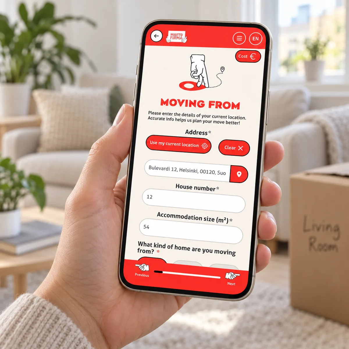 A hand holding a titanium phone with EasyMove’s current moving-address form in a bright room. Illustrative composite.