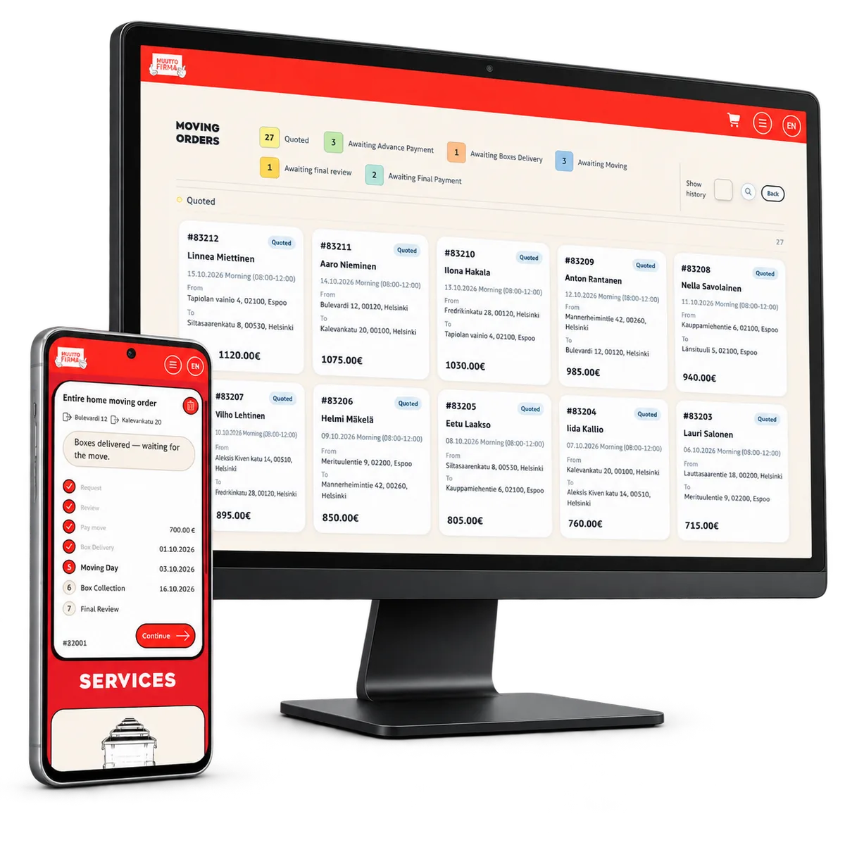 EasyMove order board on a desktop monitor with a smaller phone in the foreground showing order progress. Fictional orders.