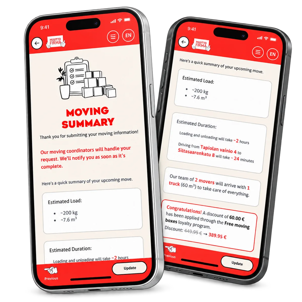 EasyMove moving summary and cost estimate on two phones, using illustrative amounts.