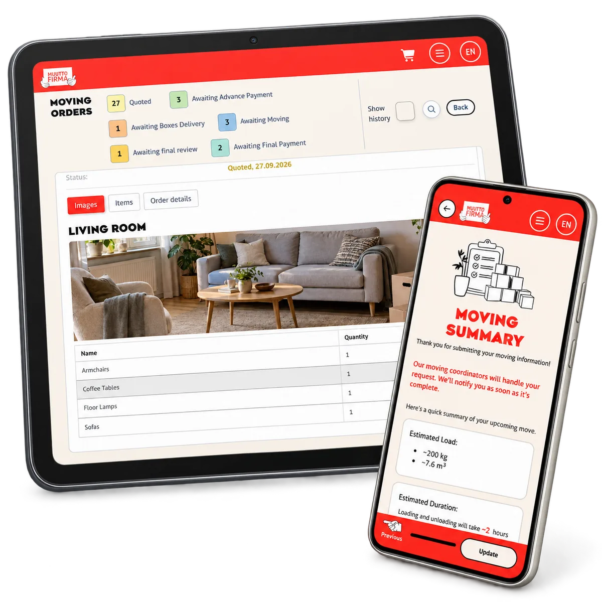 EasyMove room photo and item list on a tablet, with a customer summary on a foreground phone. Fictional test order.