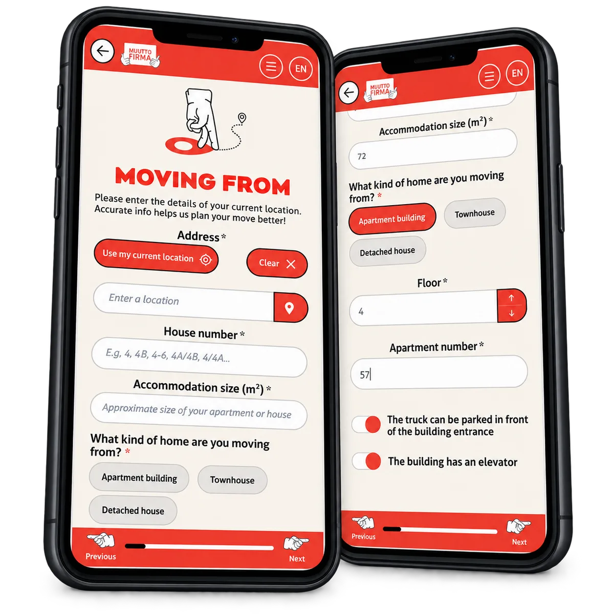 EasyMove address and building access forms in a two-phone demo composition.