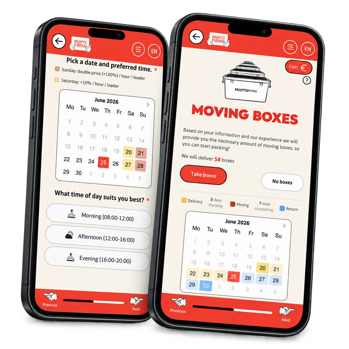 EasyMove moving-date selection and box delivery calendar in a demo composition.