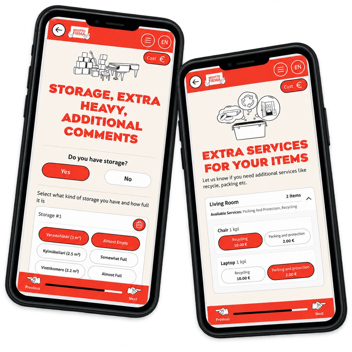 EasyMove storage details and item-specific extra services in a demo composition.