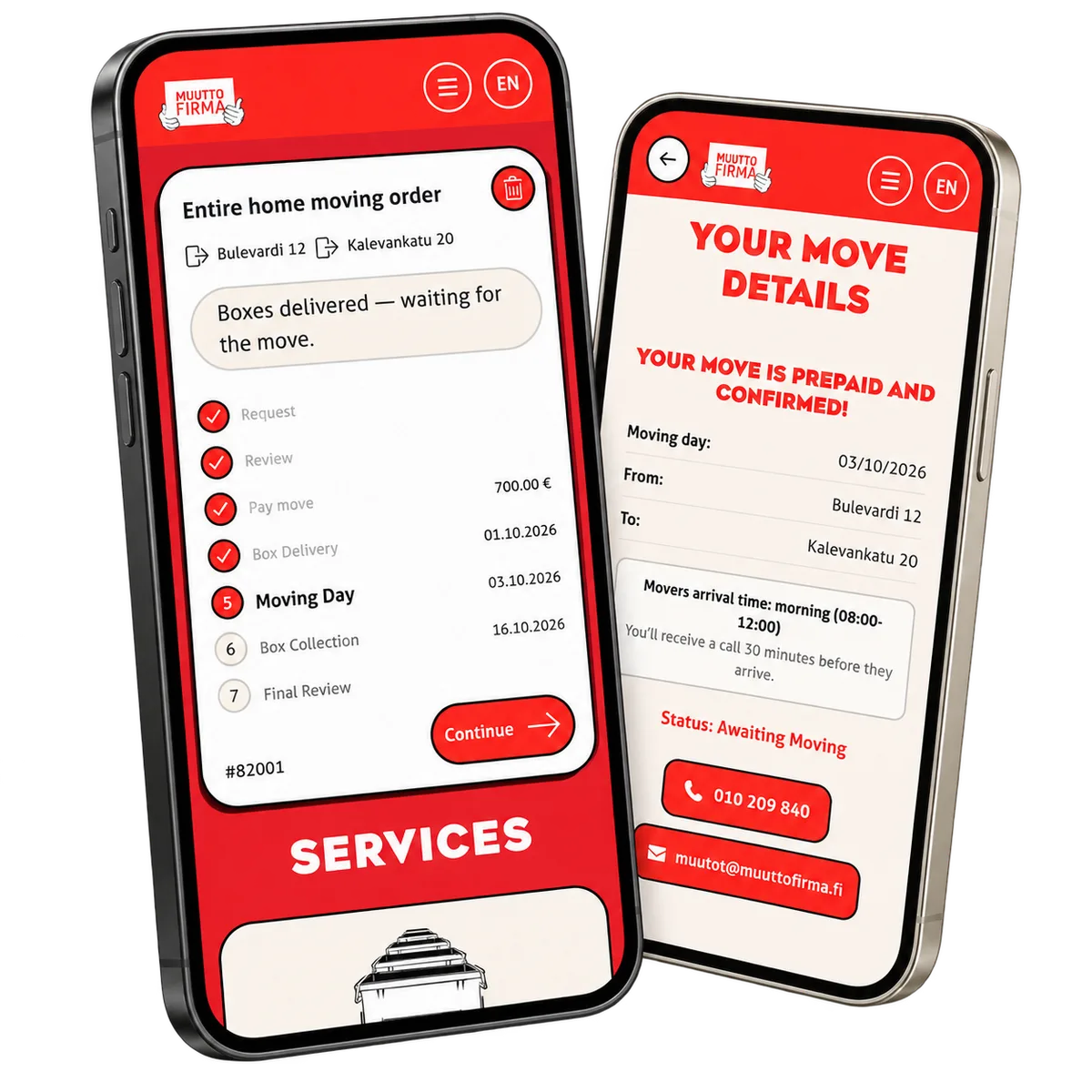 EasyMove order progress and confirmed moving details in two mobile views with fictional test data.
