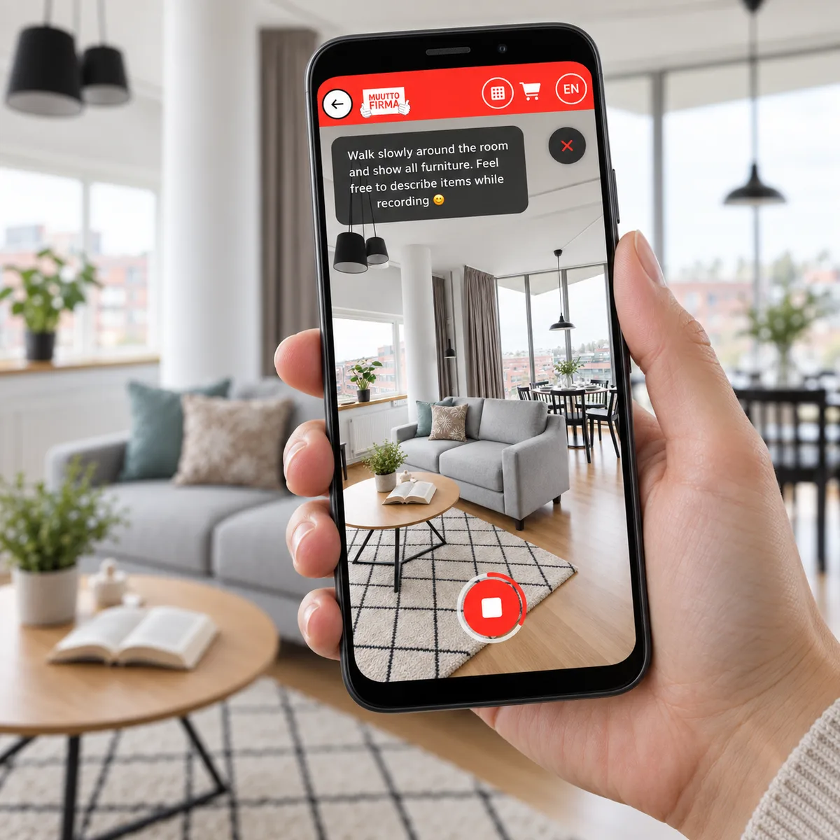 A hand holding a phone with the EasyMove recording-viewfinder demo in a bright living room. Illustrative composite.