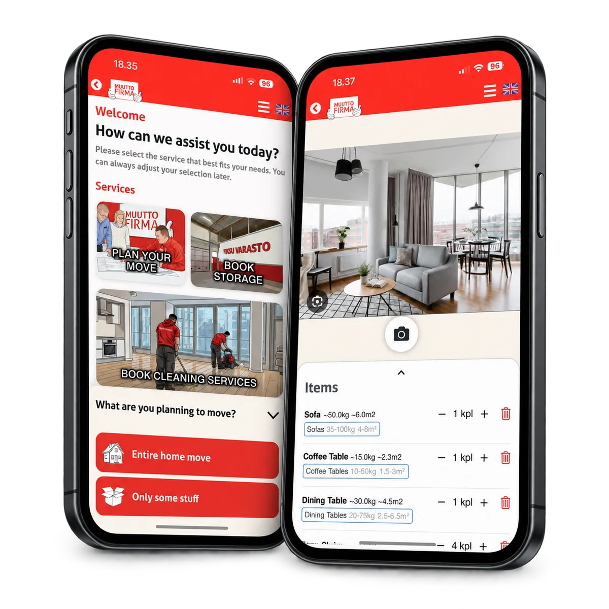 EasyMove service selection and photo inventory in a two-phone composition.