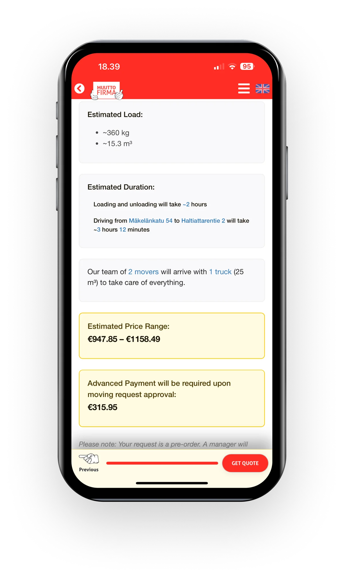 EasyMove quote estimate screen with load, duration and price range.
