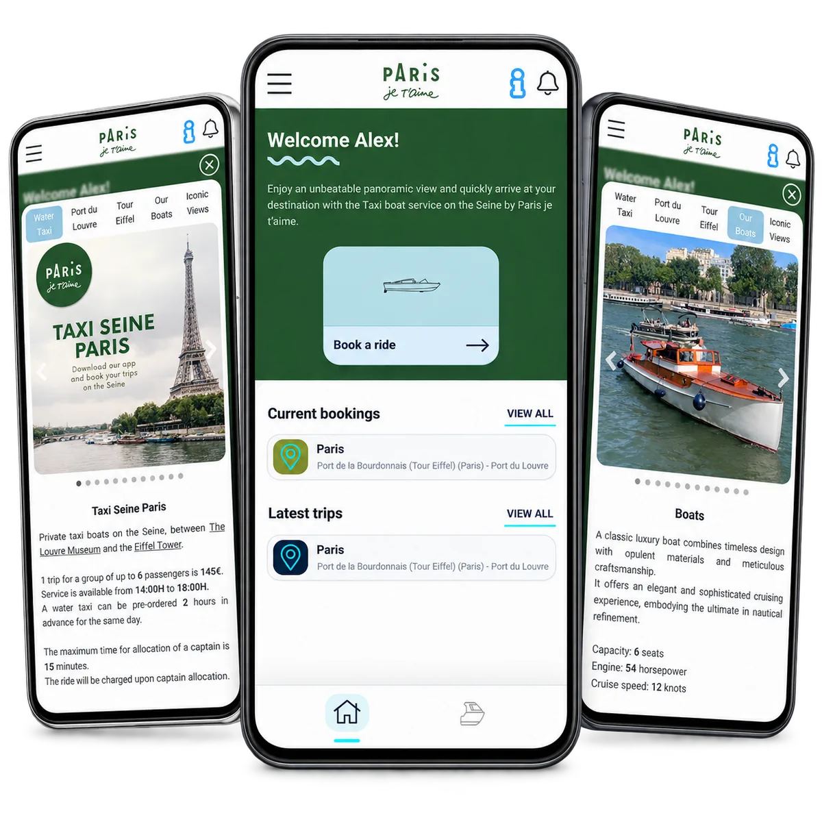 Paris je t’aime introduction, passenger home and boat information on three phones.