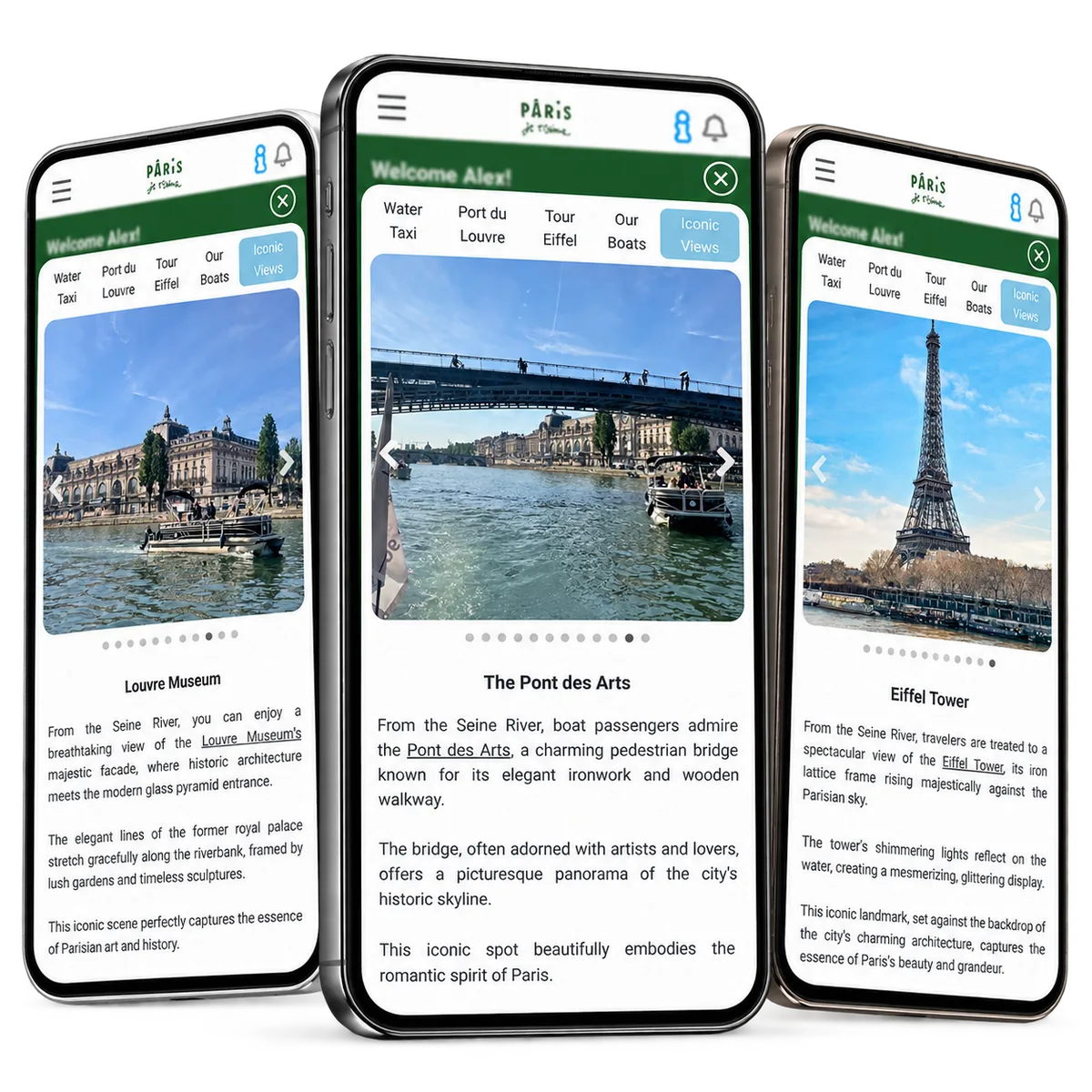 Passenger views of the Louvre, Pont des Arts and Eiffel Tower.
