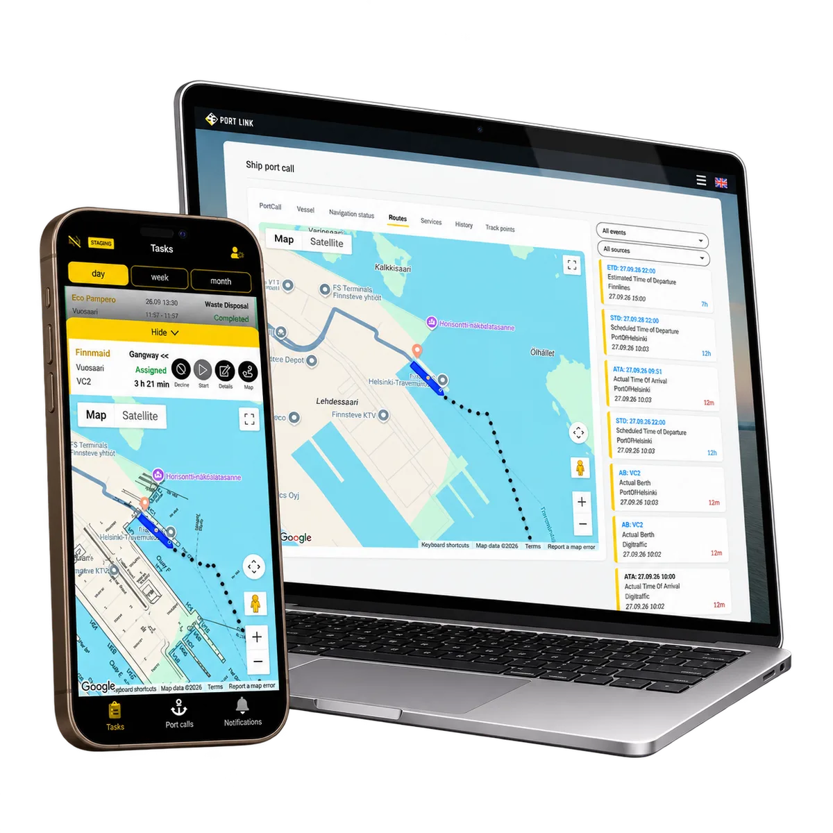 PortLink arrival route and source events on a laptop beside a mobile harbour diagram.