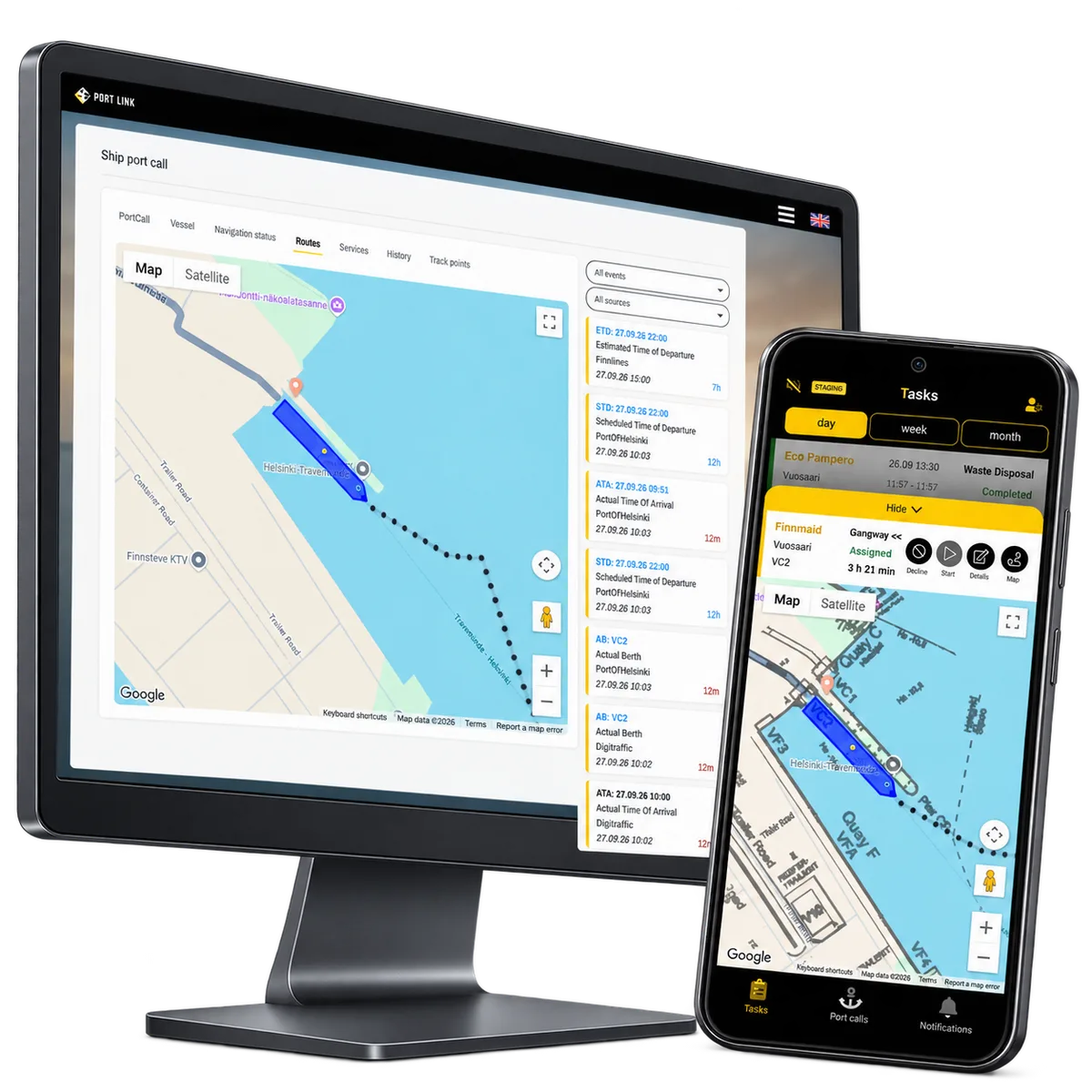 PortLink vessel map on a desktop display with a close-up mobile berth diagram.